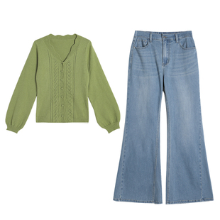 曾小咸大码女装“青苹果乐园”草绿色V领修身针织开衫春套装胖mm