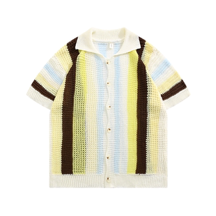 BOYUE帛跃夏季多巴胺复古镂空针织衬衫透气海边穿搭休闲男女短袖