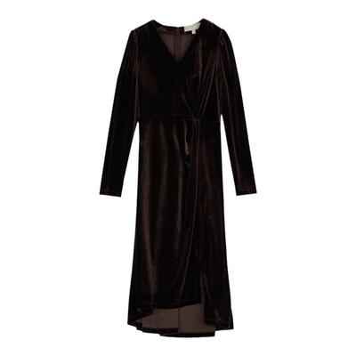 墨蒂珂H型丝绒V领收腰连衣裙