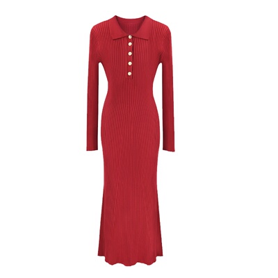 通勤百搭翻领针织连衣裙显瘦长裙