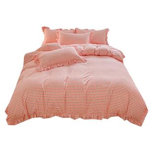 A类简约全棉格子床裙四件套水洗棉荷叶边被套防滑床罩床垫保护套