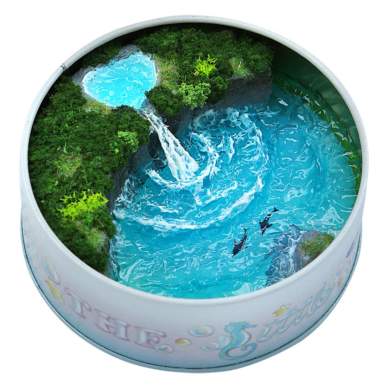 【海豚月牙岛】手工创意铁盒微缩景观治愈系仿真海洋瀑布摆件礼物