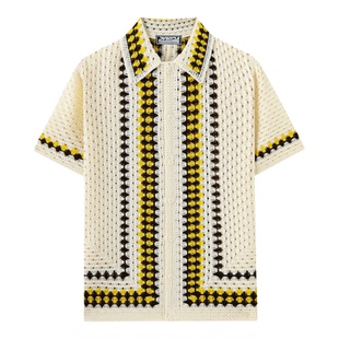 2026夏季外贸男士条纹拼色短袖针织衬衣手钩镂空polo衫Men shirts