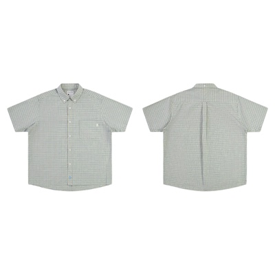 warmtrees支线TreesBasic浅蓝色格子书呆子风短袖衬衫男夏季上衣