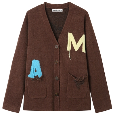 ANDREA MARTIN冬新款棕色流苏字母针织开衫外套休闲毛针织衫