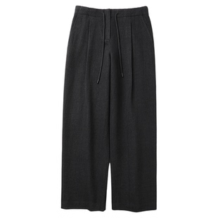 TANG TOWN 自制 白色拼接微缩绒颗粒斜纹羊毛抽绳休闲裤/直筒裤子