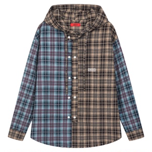 明星同款 INXX美式复古撞色拼接格纹衬衫男女连帽宽松休闲上衣