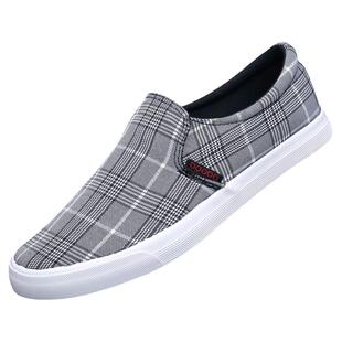 布鞋男鞋休闲鞋韩版潮流套脚一脚蹬懒人平底百搭透气格子布面板鞋
