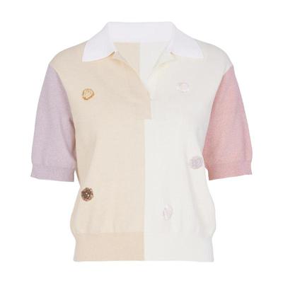 婉甸蜜桃粉拼色V领毛织套头衫