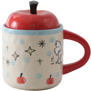 肆月可爱苹果小狗陶瓷杯高脚杯立体带盖水杯咖啡杯家用办公室喝水