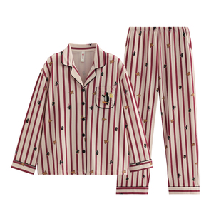 芬腾条纹卡通企鹅红色睡衣女春秋长袖开衫家居服套装可外穿本命年