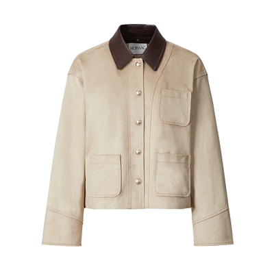 商场同款 摩萨克2026春新款巴恩风仿麂皮PU撞色翻领工装短外套女