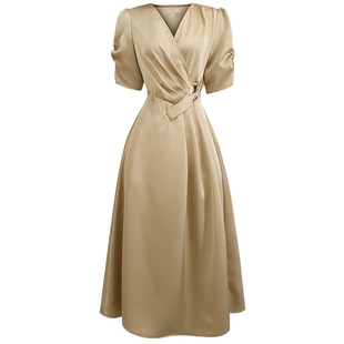 气质温柔黑色显瘦夏季连衣裙女知性设计感法式短袖长款裙子23070