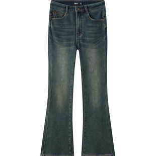 森马牛仔裤女冬季加绒弹力做旧长裤女士复古港风简约显腿长喇叭裤