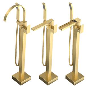 拉丝金全铜阀体落式地浴缸龙头冷热水立式立柱木桶缸边墙可免打孔