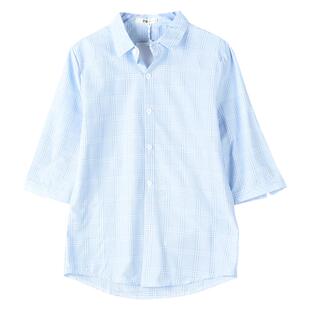 韩版男女生格子衬衫1014L76350尖领单排扣修身款春夏秋七分袖上衣