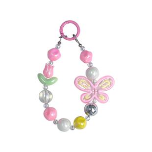 手机挂绳蝴蝶结ins串珠郁金香手链新款电镀手腕挂饰ccd钥匙扣电镀圆珠挂件粉黄蝴蝶结链条手工DIY串珠美观