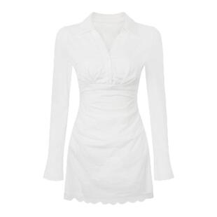 Mess Studio 辣妹高级感气质收腰短款V领长袖白色衬衫连衣裙女春