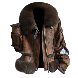 獭兔毛皮草外套女2025冬新短款拼接焦糖色狐狸毛领真皮毛一体大衣