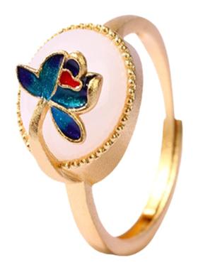 抖音直播国潮民族古风珐琅滴釉仿白玉好运莲莲开口调节指环戒指女