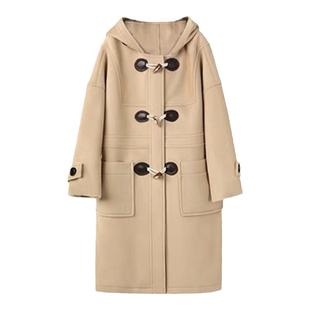 秋冬日系宽松慵懒学院风大帽子厚实可定制长款牛角扣大衣