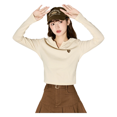 唐狮春季小V领内搭打底衫女2025新款杏色长袖韩系上衣女设计感