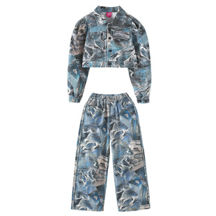 爵士舞女童时尚走秀少儿jazz演出服时髦潮酷短款牛仔外套裤子套装