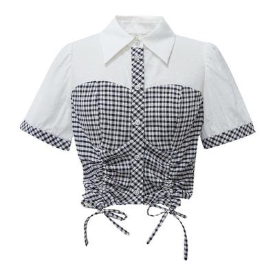 EYEDOLL夏季新款时尚休闲收腰格子抽绳拼接衬衫短