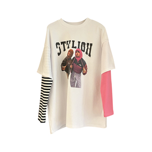 现货韩国2026春秋季新款女装黄绿色潮酷字母假两件长袖T恤