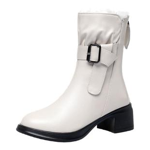 白色高跟短靴冬季加绒加厚女士靴子真皮羊毛棉鞋皮毛一体雪地棉靴