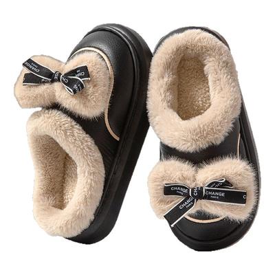 棉拖鞋女士防水皮拖EVA加厚蝴蝶结可爱毛毛拖鞋冬居家包头男软底