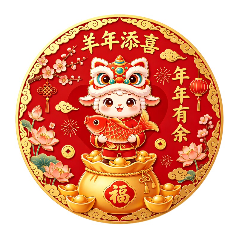舞狮小羊圆形墙贴羊年添喜年年有余锦鲤福袋梅花喜庆圆形新春贴纸