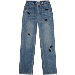 落落狷介 牛仔裤2025年新款女刺绣高腰直筒裤小个子设计感裤子夏