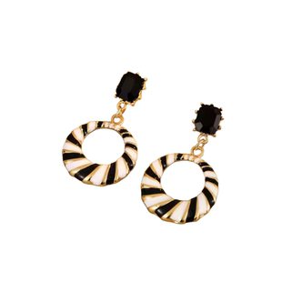 925银针镶钻镂空几何黑白相间耳环优雅大气耳钉时尚复古风耳饰女