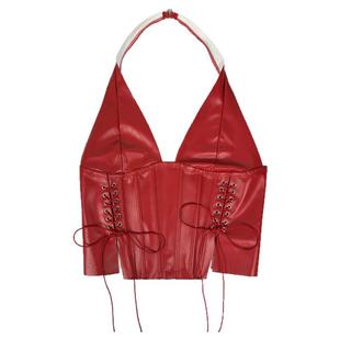 PU皮挂脖绑带拉链外穿鱼骨胸衣背心吊带短款上衣深V领性感辣妹风