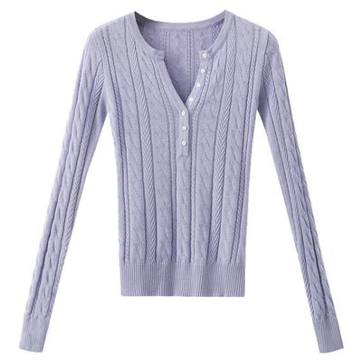 夕蒙2025新款冬季韩系气质针织衫小个子独特高级修身紫色V领毛衣