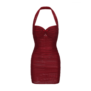 NanaJacqueline连衣裙女弹力网纱挂脖抽褶蝴蝶结性感短裙新年战袍