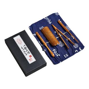 竹雪明|台湾名家廖壹男 步步高升茶则四件套深色孟宗竹茶道六君子