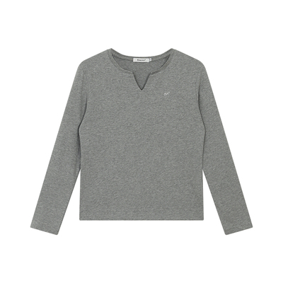 FUNKYFUN 小V领长袖T恤正肩宽松男女同款简约花灰色基础款底衫