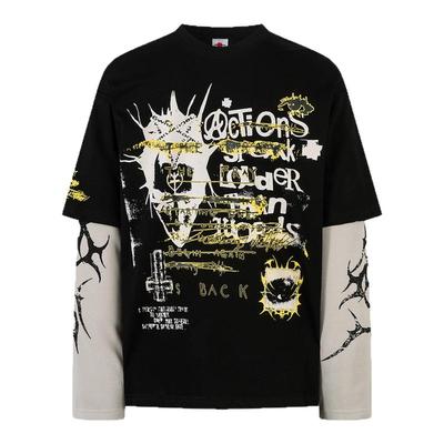 阿荒与阿卤*朋克摇滚乐队主题 荆棘涂印花假两件圆领衫长袖T恤