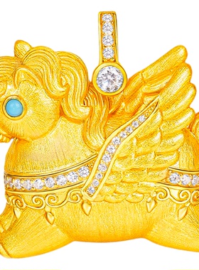VISING珠宝《飞天金马》黄金色飞马吊坠手工刻丝S925银