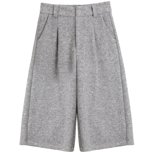 浅灰色七八分阔腿裤女秋冬老钱风宽松显瘦毛呢西装裤小个子羊毛裤