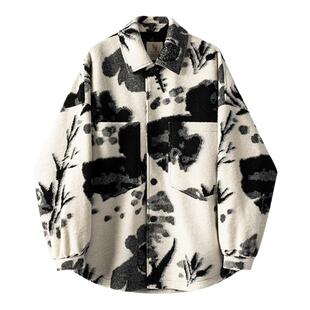 威廉福克斯2025秋冬设计感水墨印染奶牛色羊毛呢夹克保暖加厚棉服