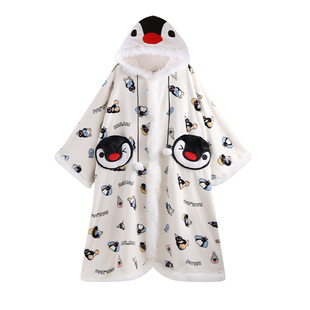 侘町2025新款企鹅PINGU睡衣法兰绒睡袍女秋冬款可外穿家居服斗篷