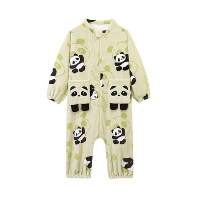 可爱熊猫男童法兰绒连体睡衣冬季加厚珊瑚绒中大童防踢被儿童睡袋