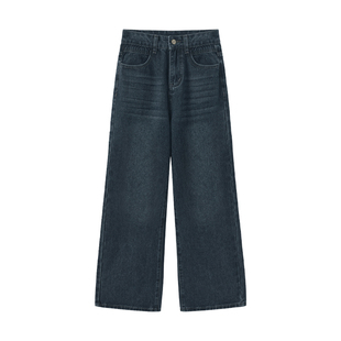 蓝灰色窄版直筒牛仔裤女春季新款梨形身材胖mm大码宽松显瘦阔腿裤