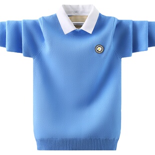 男童毛衣套头纯棉薄款2025春秋新款儿童衬衫领针织衫假两件中大童