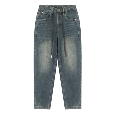 毕厶迦冬季松紧腰抽绳锥形牛仔裤