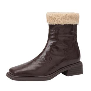 达芙妮加绒短靴女2025新款冬季棕色方头瘦瘦靴黑色平底女士马丁靴