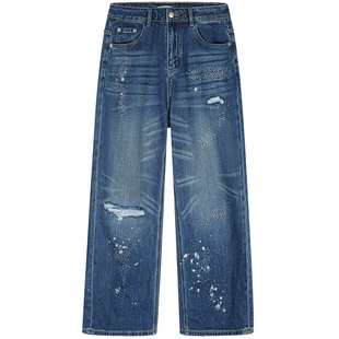 落落狷介 牛仔裤女2025新款烫钻小个子高腰破洞裤宽松直筒裤百搭